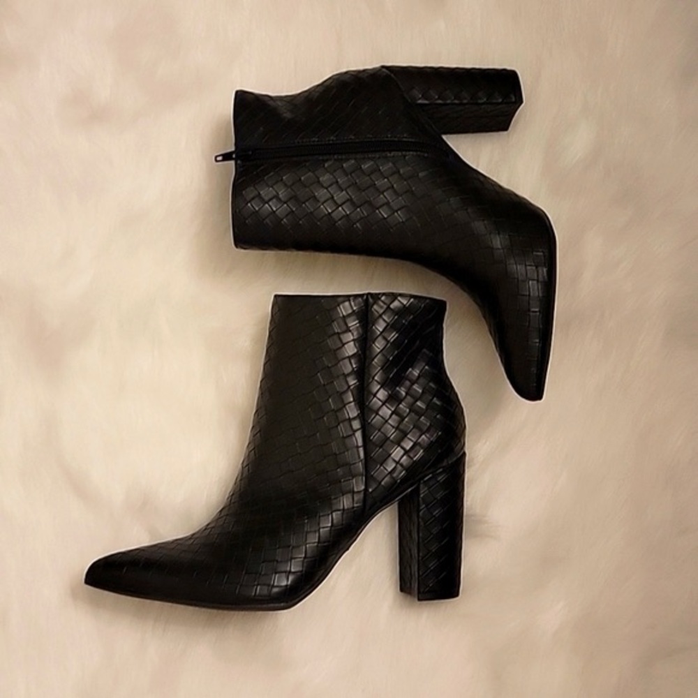 Woven Pointed Toe Block Heel Ankle Boots - Black